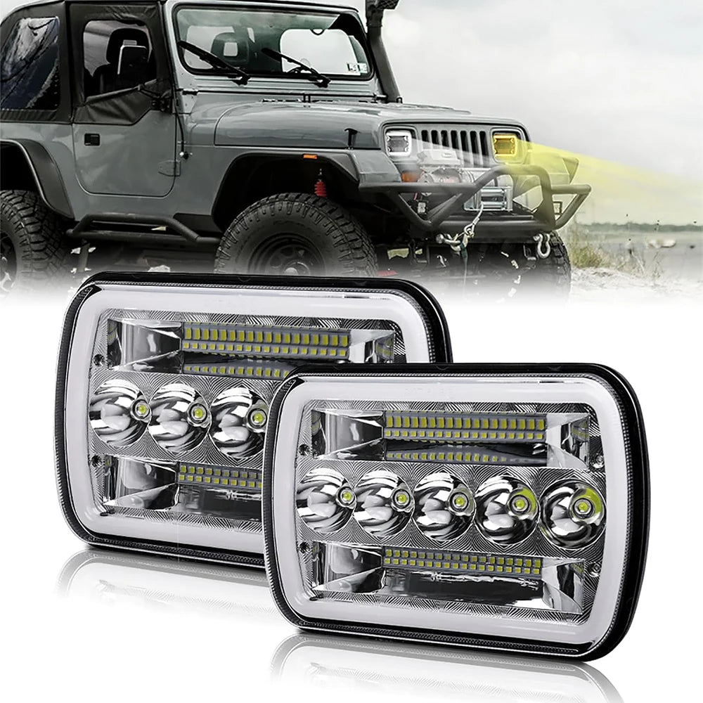 Phares LED 5x7 7x6 Jeep Wrangler YJ Cherokee XJ - vue de face - Becquet Voiture