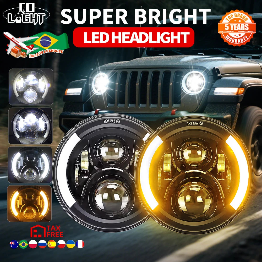Phares LED 7 Pouces Jeep Wrangler JK - vue de face - Becquet Voiture