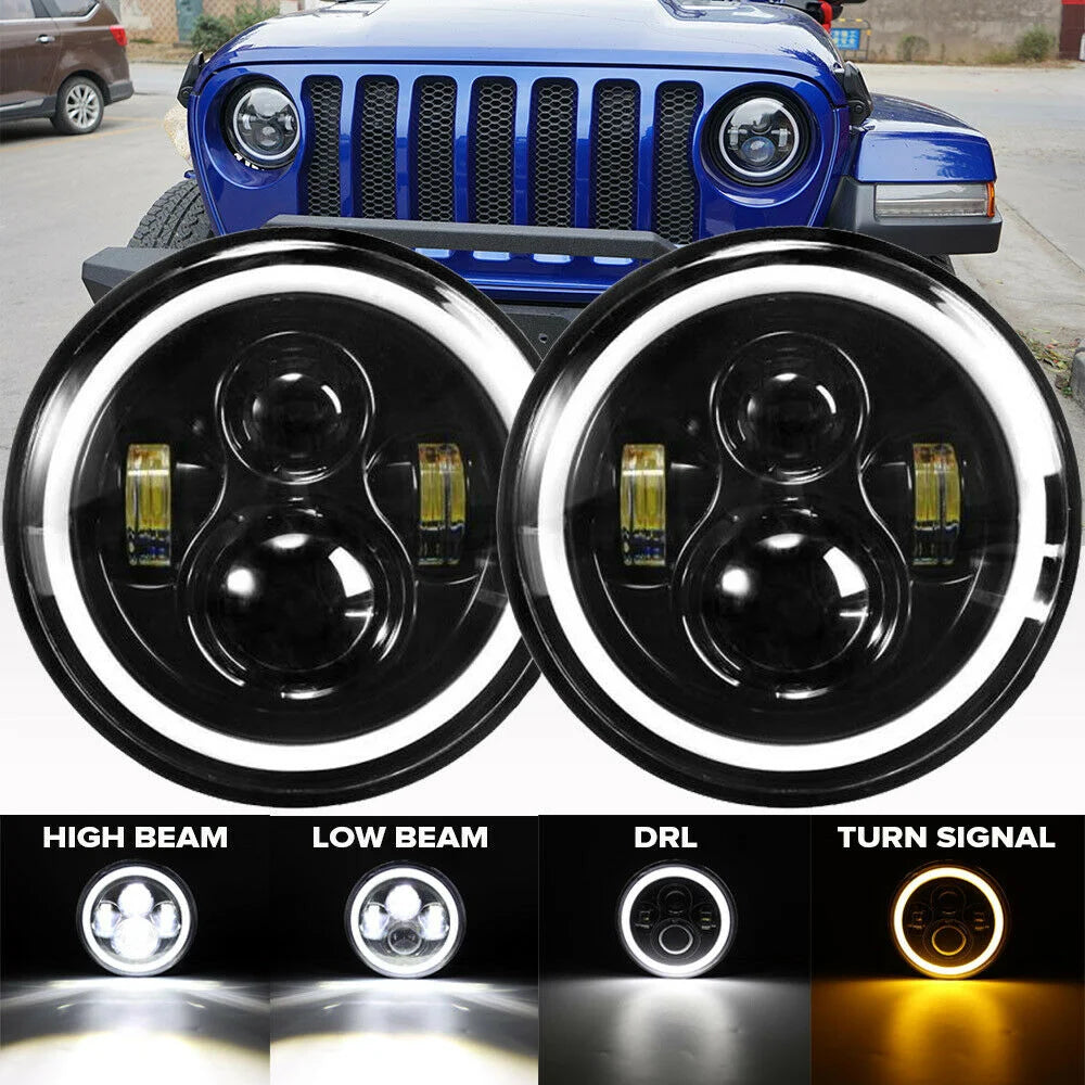 Phares LED 7 Pouces Ronds H4 Angel Eyes Jeep Wrangler 4x4 (Kit 2 Pièces) - vue de face - Becquet Voiture