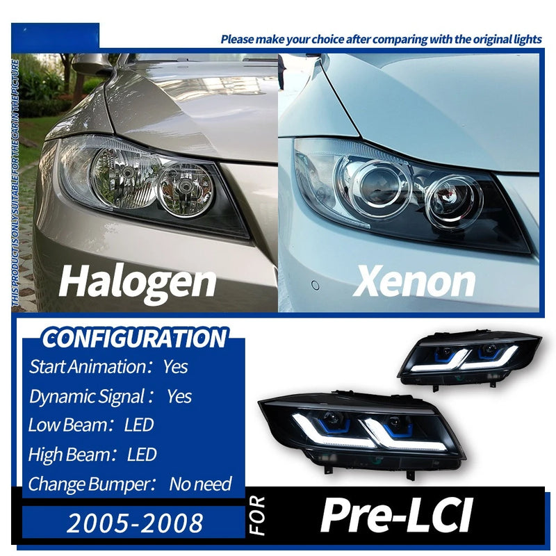 BMW 3 Series E90 Dual Lens LED Headlights 2005-2012 - top view - Becquet Voiture