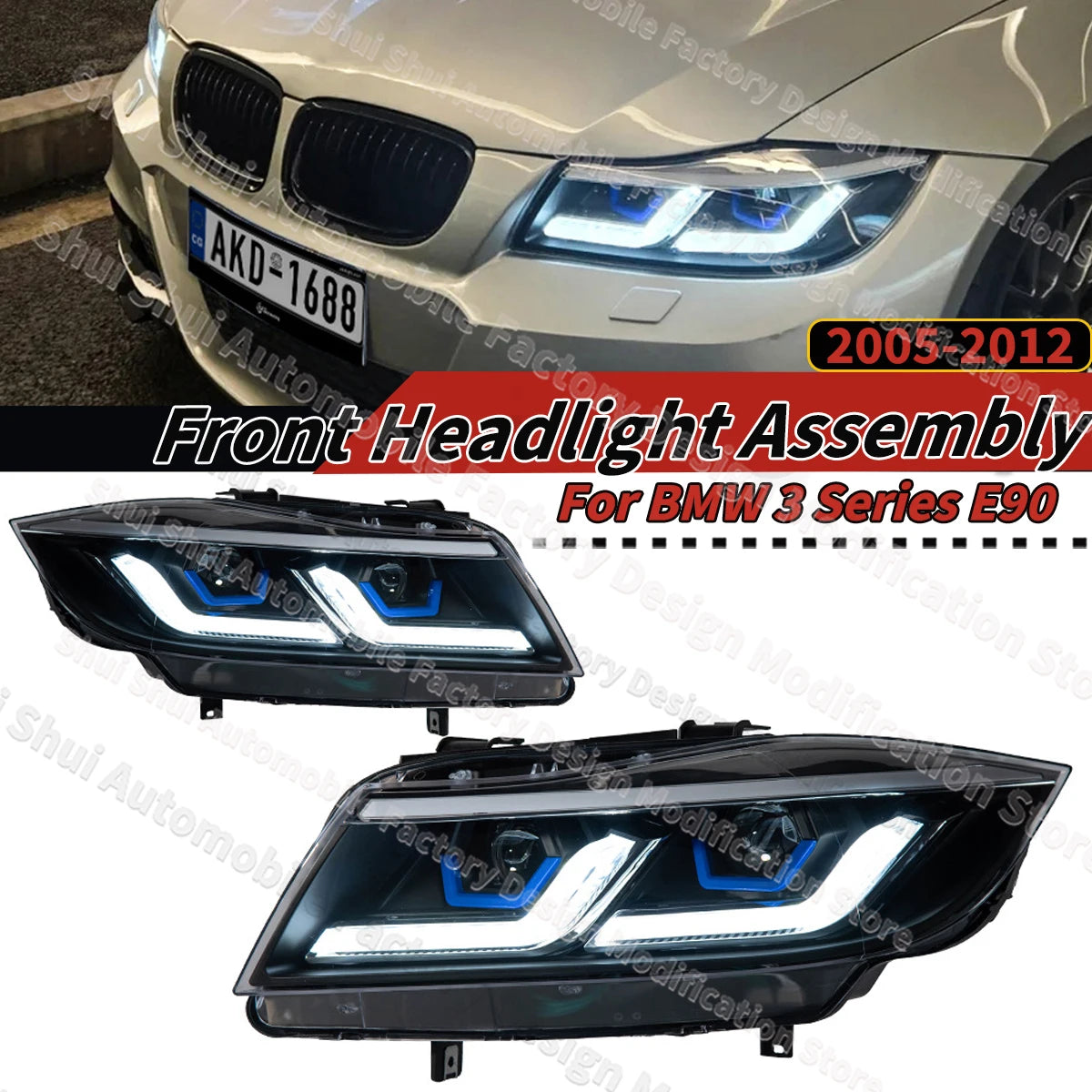 Phares LED BMW Série 3 E90 Double Lentille 2005-2012 - vue de face - Becquet Voiture