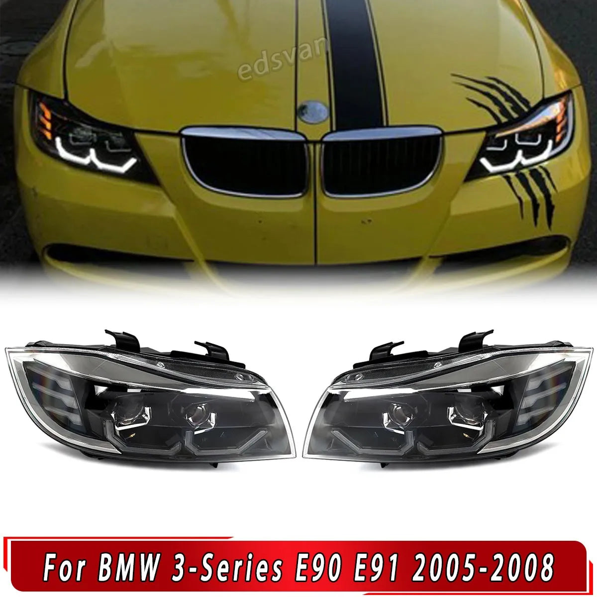 Phares LED BMW Série 3 E90 E91 2005-2008 Crystal DRL - vue de face - Becquet Voiture