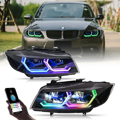 Phares LED BMW Série 3 E90 E91 2005-2011 RGB Tuning - packshot studio - Becquet Voiture