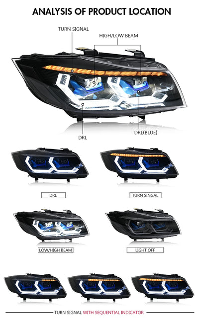 Phares LED BMW Série 3 E90 E91 2005-2011 RGB Tuning - vue arrière - Becquet Voiture