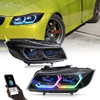 BMW 3 Series E90 E91 2005-2011 LED Headlights RGB Tuning - close-up view - Becquet Voiture