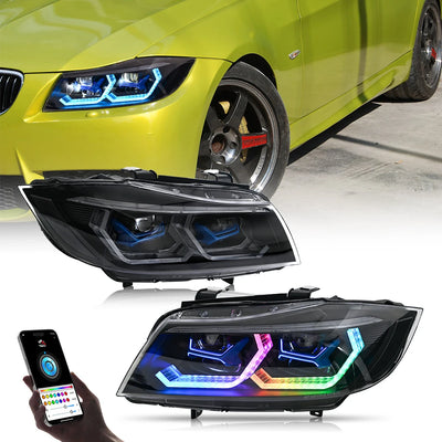 Phares LED BMW Série 3 E90 E91 2005-2011 RGB Tuning - vue rapprochée - Becquet Voiture