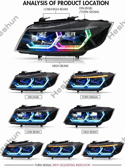 Phares LED BMW Série 3 E90 E91 DRL Clignotant Séquentiel - vue de trois-quarts - Becquet Voiture