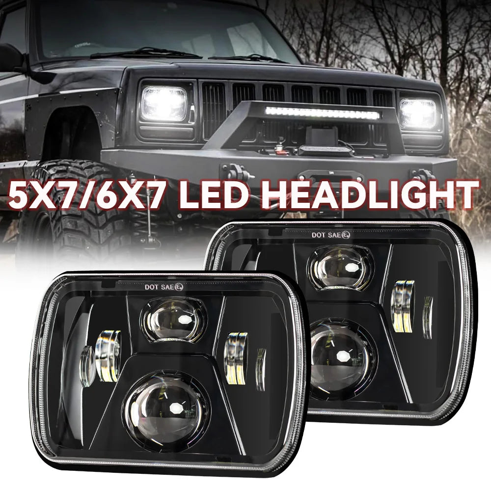 Phares LED Carrés 5x7 7x6 Jeep Wrangler YJ Cherokee XJ - vue de face - Becquet Voiture