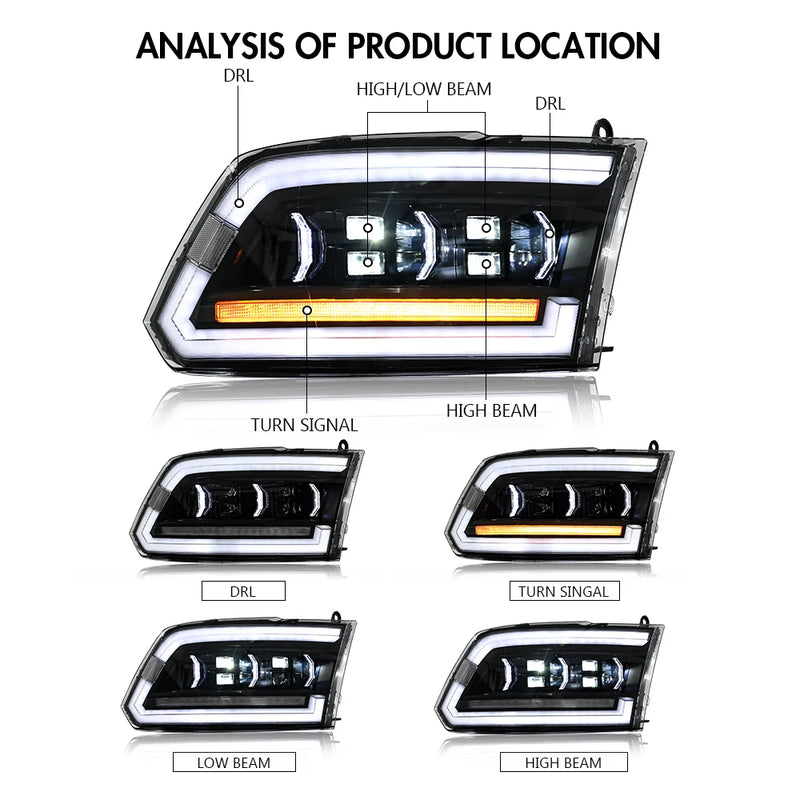 Phares LED Dodge RAM 1500 2500 2009-2018 - installé sur véhicule - Becquet Voiture