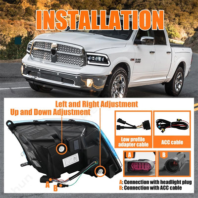 Phares LED Dodge RAM 1500 2500 3500 2009-2018 Séquentiel DRL - packshot studio - Becquet Voiture