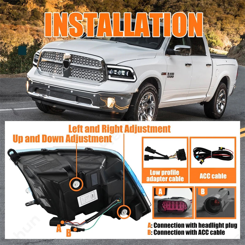 Phares LED Dodge RAM 1500 2500 3500 2009-2018 Séquentiel DRL - packshot studio - Becquet Voiture