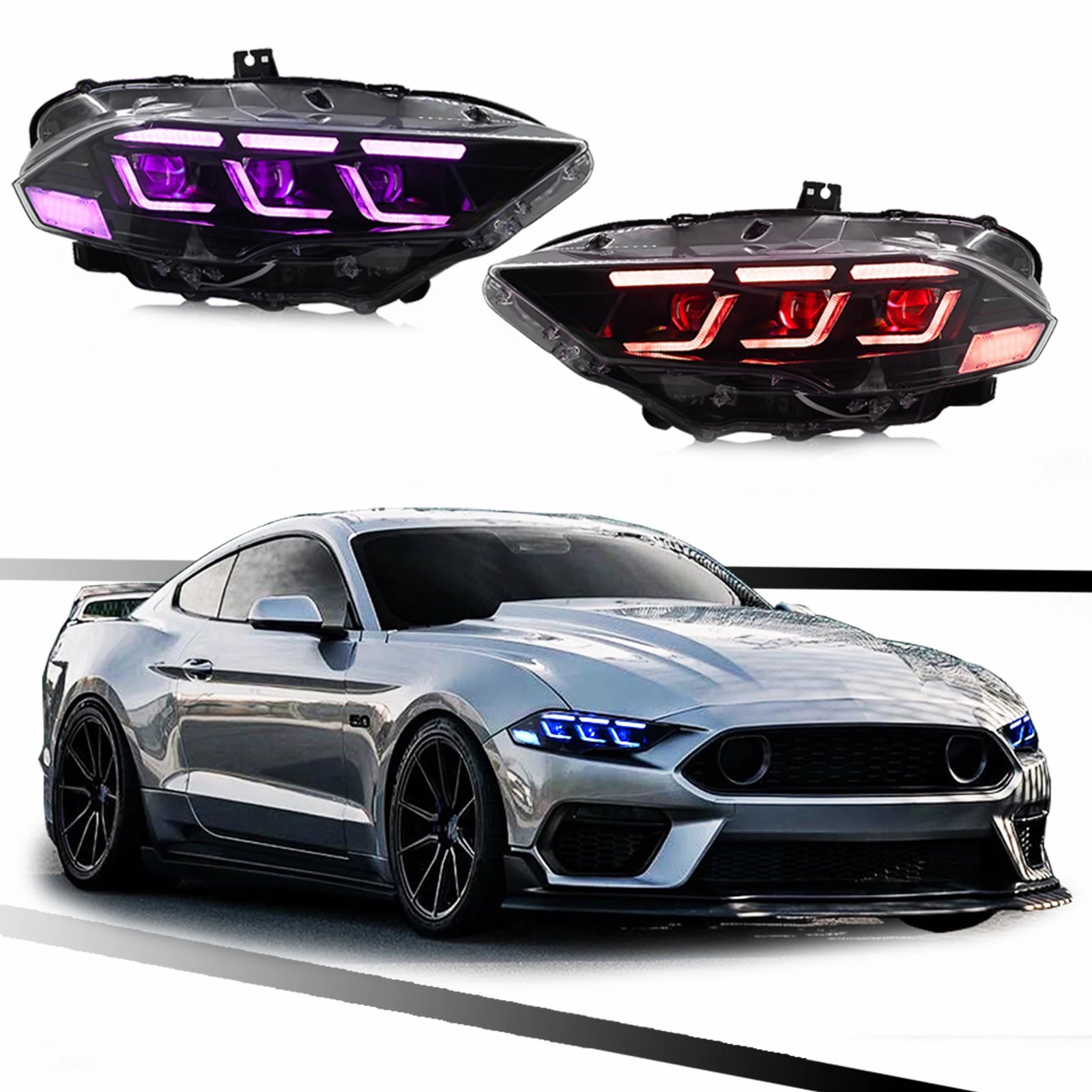 Phares LED Ford Mustang 2018-2022 RGB Contrôle - vue de face - Becquet Voiture