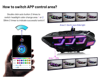 Phares LED Ford Mustang 2018-2022 RGB Contrôle - vue de trois-quarts - Becquet Voiture