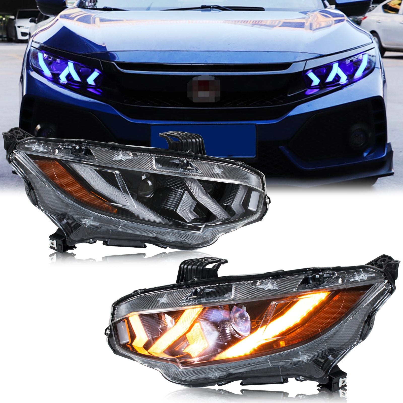 Phares LED Honda Civic 2016-2021 10e Génération FK - vue de face - Becquet Voiture