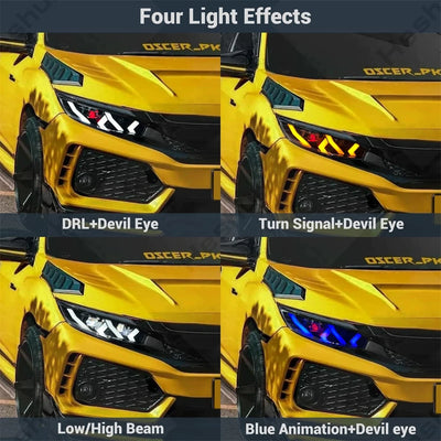 Phares LED Honda Civic FK7 FK8 Type R Touring (2016-2021) Demon Eyes - vue de trois-quarts - Becquet Voiture