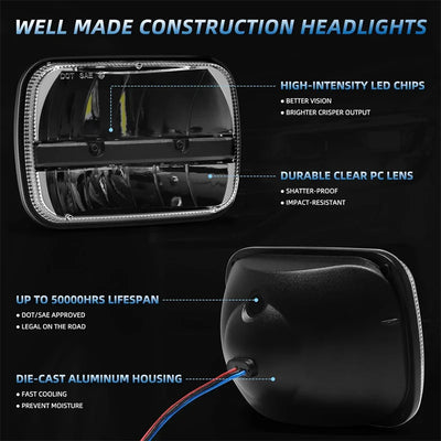 Phares LED Jeep Wrangler YJ 5x7 - vue de trois-quarts - Becquet Voiture