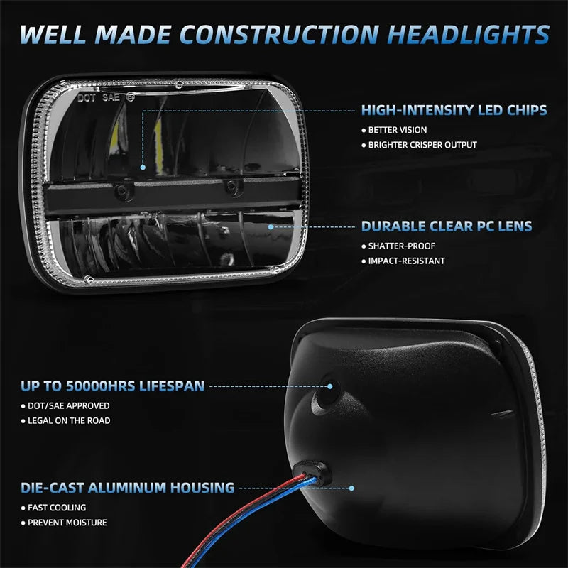 Phares LED Jeep Wrangler YJ 5x7 - vue de trois-quarts - Becquet Voiture