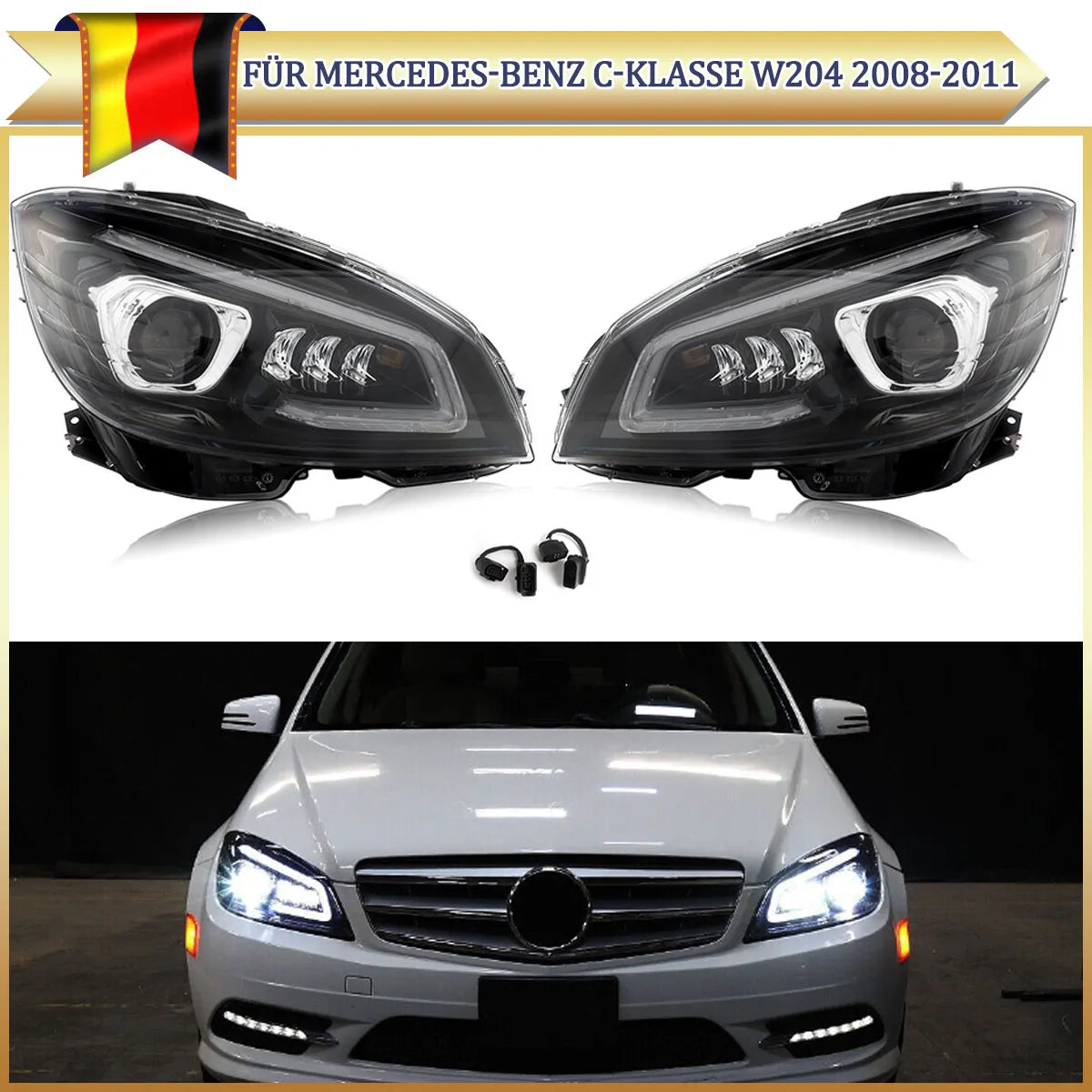 Phares LED Mercedes Classe C W204 2007-2011 (réf. 2) - vue de face - Becquet Voiture