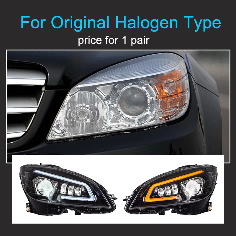 LED Headlights Mercedes C-Class W204 2007-2011 Halogen or Xenon - close-up view - Becquet Voiture