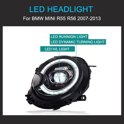 Phares LED Mini Cooper R56 R57 R58 R59 2007-2013 - installé sur véhicule - Becquet Voiture