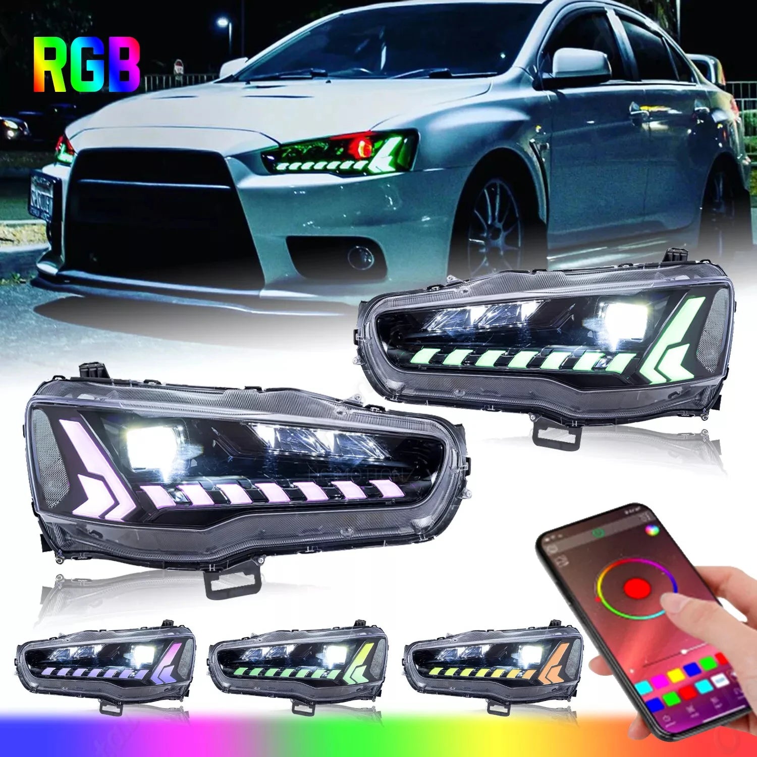 Phares LED Mitsubishi Lancer EVO Sequentiels 2008-2018 - vue de face - Becquet Voiture