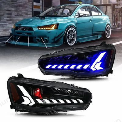 Phares LED Mitsubishi Lancer EVO Sequentiels 2008-2018 - vue de profil - Becquet Voiture