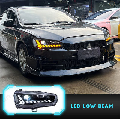 Phares LED Mitsubishi Lancer EVO Sequentiels 2008-2018 - vue de trois-quarts - Becquet Voiture