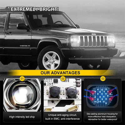 Phares LED Rectangulaires Jeep Wrangler YJ - vue de trois-quarts - Becquet Voiture
