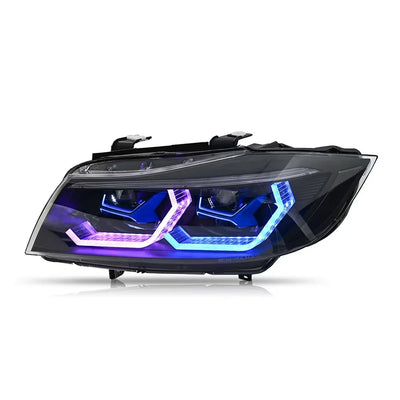 Phares LED RGB BMW Série 3 E90 2005-2012 - vue de trois-quarts - Becquet Voiture