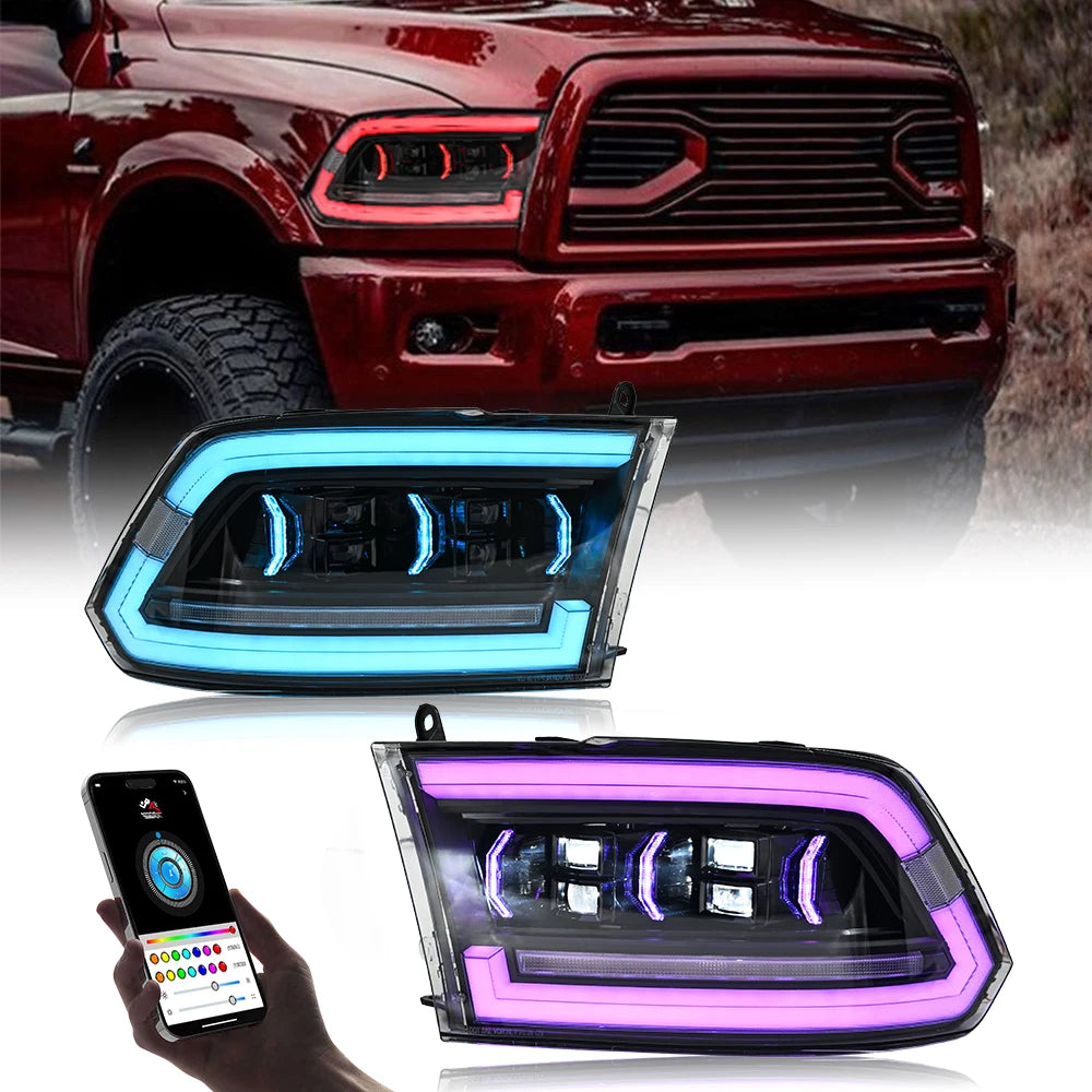 Phares LED RGB Dodge Ram 1500 2500 3500 2009-2018 Tuning - vue de face - Becquet Voiture