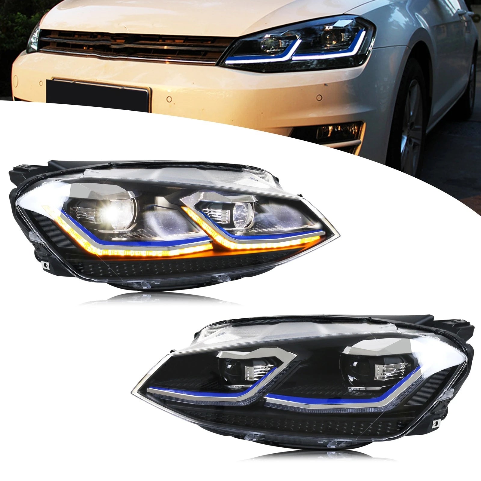 Phares LED Volkswagen Golf 7 MK7 2013-2017 Clignotant Séquentiel - vue de face - Becquet Voiture