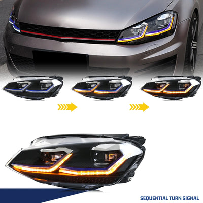 Phares LED Volkswagen Golf 7 MK7 2013-2017 Clignotant Séquentiel - vue de trois-quarts - Becquet Voiture