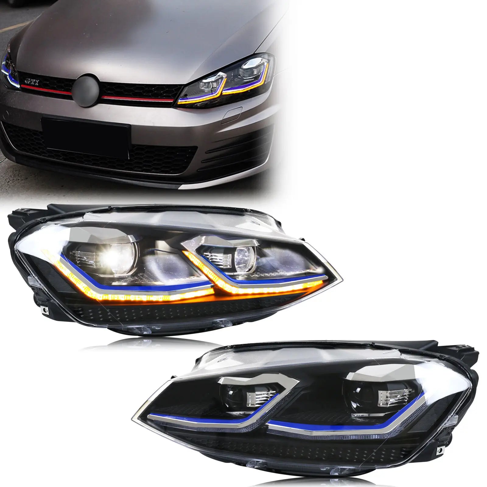 Phares LED Volkswagen Golf 7 MK7 2013-2017 DRL Blue Line - vue de face - Becquet Voiture