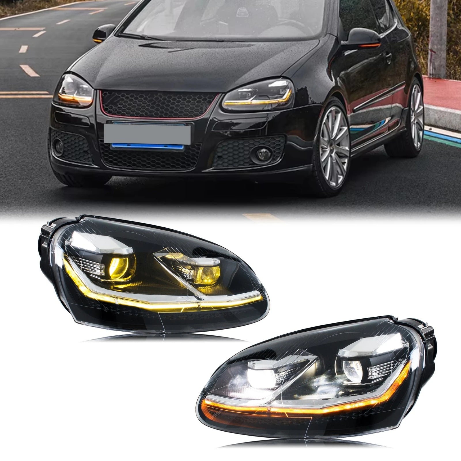 Phares LED VW Golf 5 MK5 2003-2008 DRL Ligne Argentée - vue de face - Becquet Voiture