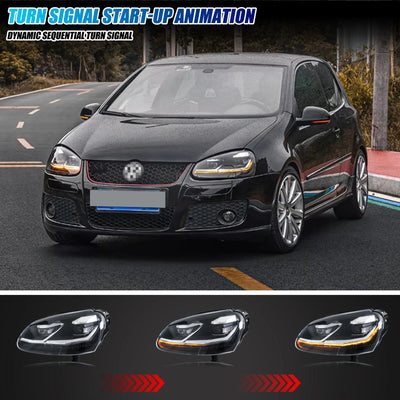 Phares LED VW Golf 5 MK5 2003-2008 DRL Ligne Argentée - vue de trois-quarts - Becquet Voiture