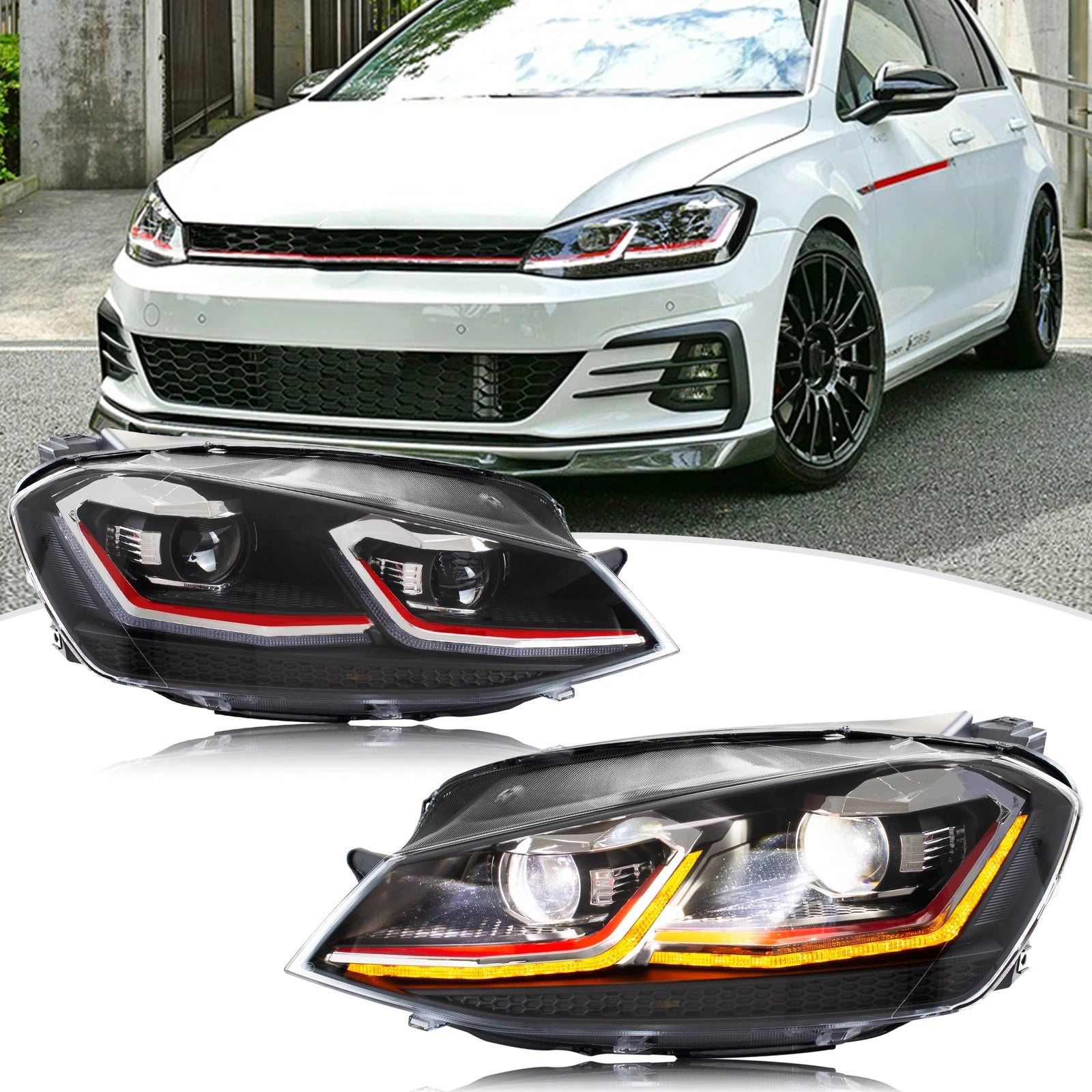 Phares LED VW Golf 7 MK7 2013-2017 Red Line E-Mark - vue de face - Becquet Voiture