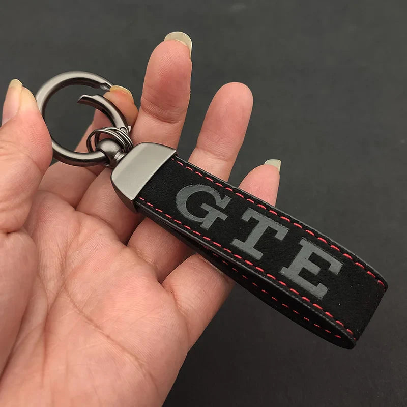 VW Golf GTE Black and Red Alcantara Keychain - rear view - Becquet Voiture