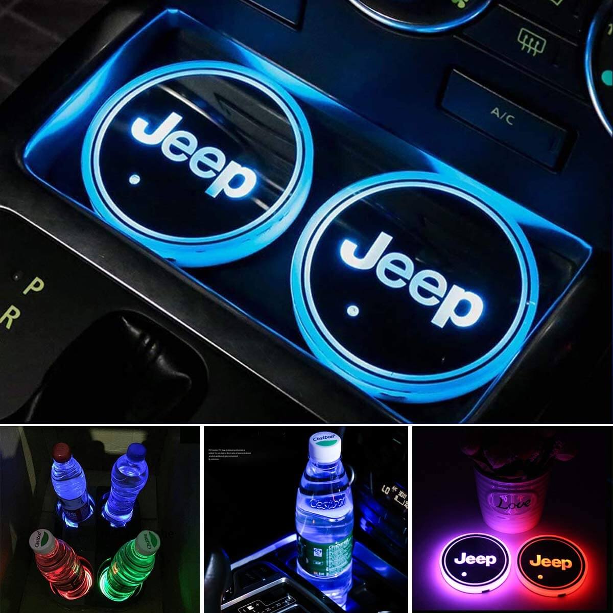 Porte-gobelet LED Jeep 7 couleurs USB éclairage intérieur - vue de face - Becquet Voiture