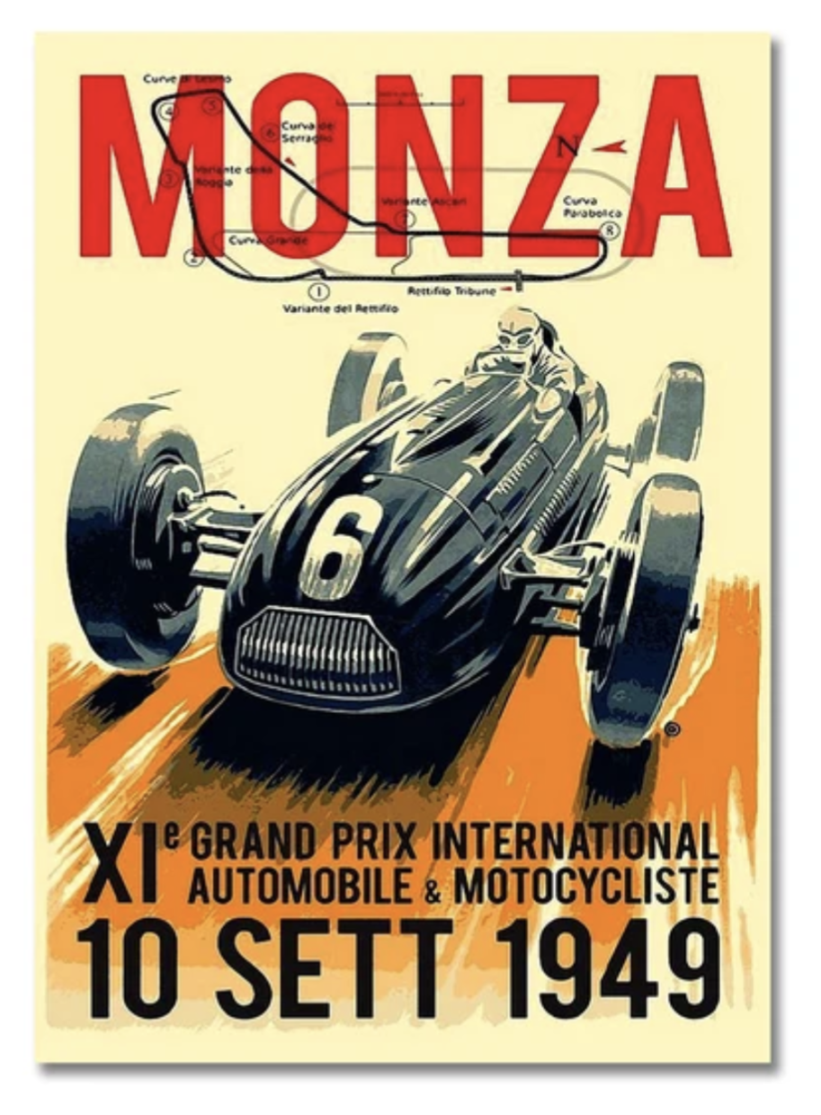 Poster F1 vintage Grand Prix Monza 1949 affiche toile - vue de face - Becquet Voiture