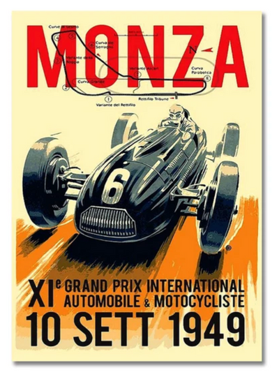 Poster F1 vintage Grand Prix Monza 1949 affiche toile - vue de face - Becquet Voiture