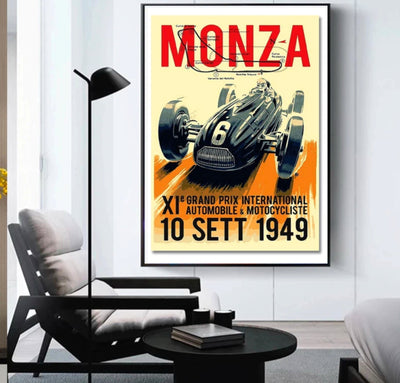 Poster F1 vintage Grand Prix Monza 1949 affiche toile - vue de profil - Becquet Voiture