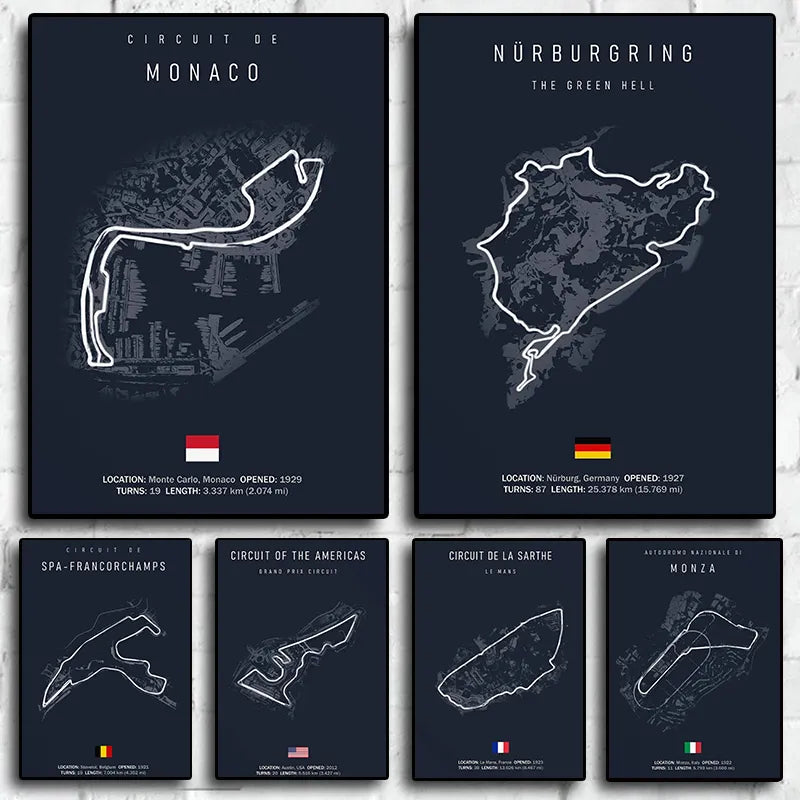 Poster toile circuits F1 fond noir Monaco Spa Le Mans - vue de face - Becquet Voiture