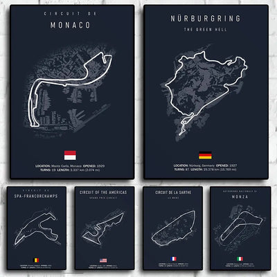 Poster toile circuits F1 fond noir Monaco Spa Le Mans - vue de face - Becquet Voiture