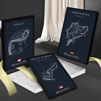 Poster toile circuits F1 fond noir Monaco Spa Le Mans - vue de profil - Becquet Voiture