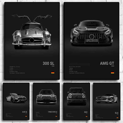 Poster toile Mercedes AMG 300 SL noir et blanc - vue de face - Becquet Voiture