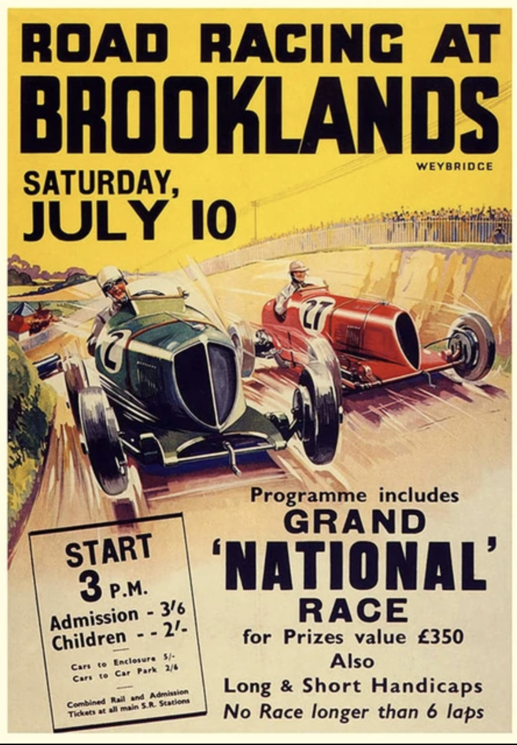 Poster vintage Circuit Brooklands voiture course toile - vue de face - Becquet Voiture