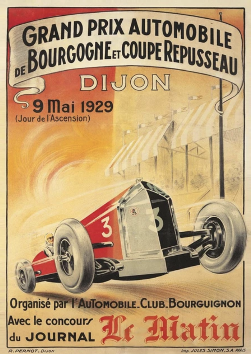 Poster vintage Circuit Dijon 1929 affiche voiture course - vue de face - Becquet Voiture