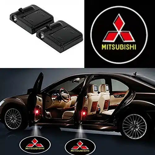 Projecteurs de porte LED Mitsubishi Lot 2 logo projeté au sol - vue de face - Becquet Voiture