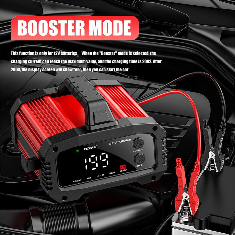 Chargeur de Batterie Voiture FOXSUR 12V 24V 25A avec Fonction Booster