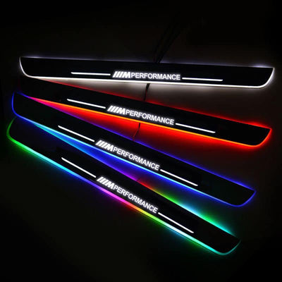 Seuils de porte LED BMW 7 couleurs aimantés, étanchéité IP67 - vue de face - Becquet Voiture
